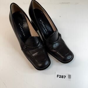 Valentine Black Leather Block Heel Pumps Square Toe Women's Size 6B